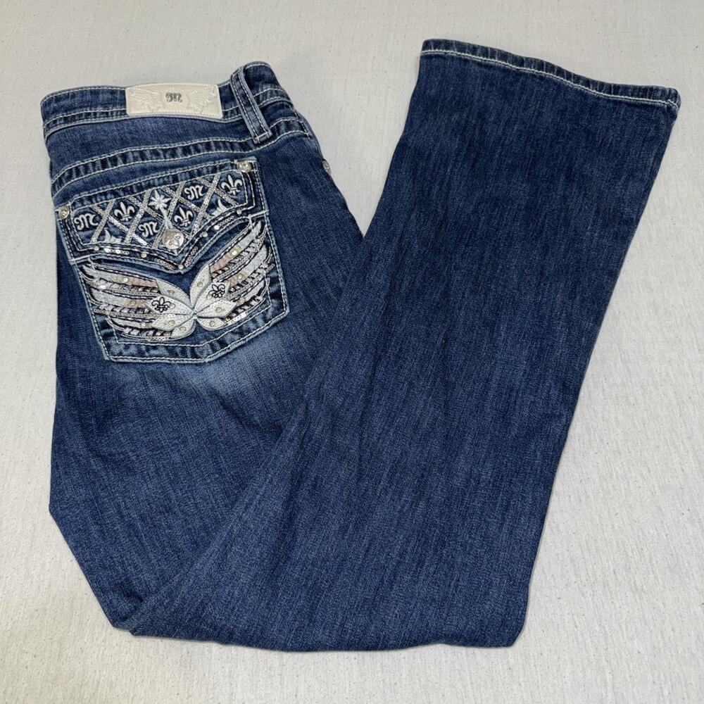 Buckle Miss Me Jeans "Rhinestone Wings" Bedazzled Mid-Rise Boot 34 (35x32) EUC